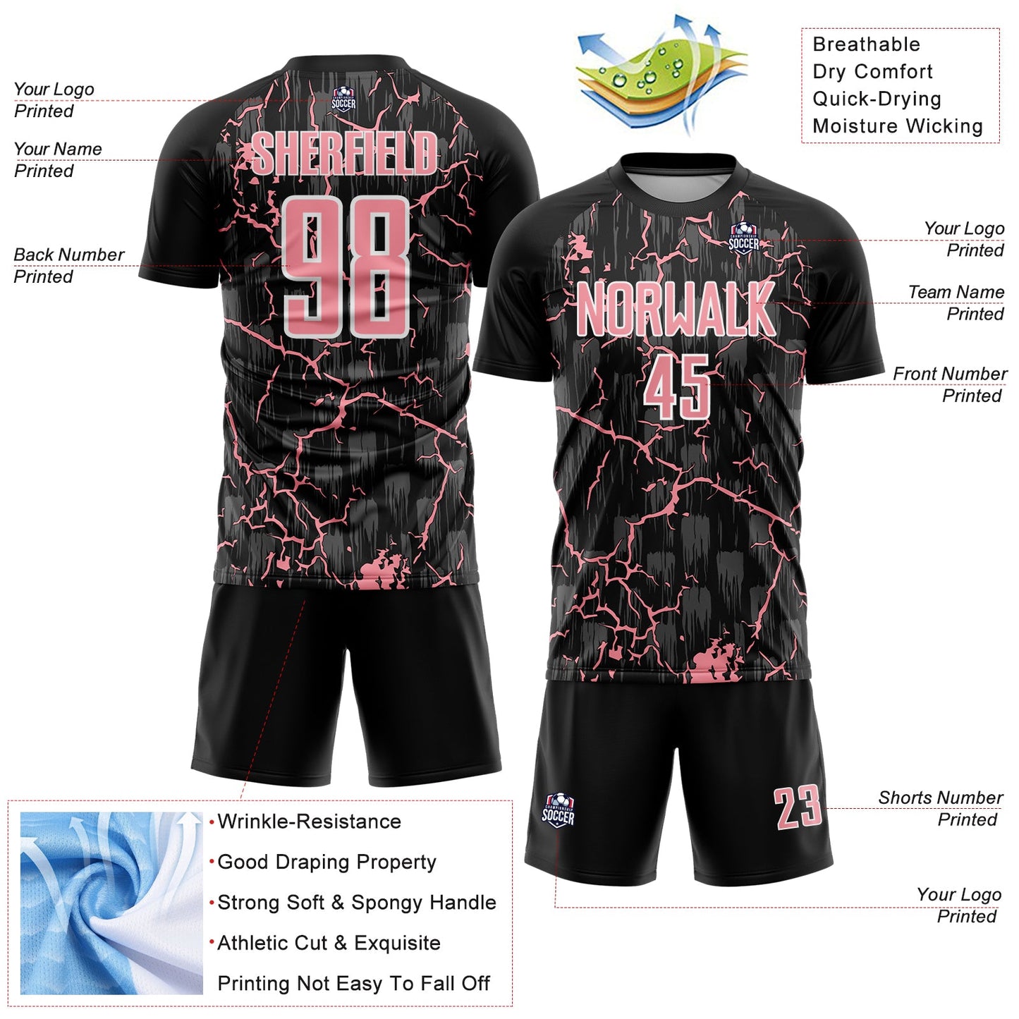 Custom Black Medium Pink-White Lightning Sublimation Soccer Uniform Jersey view 4