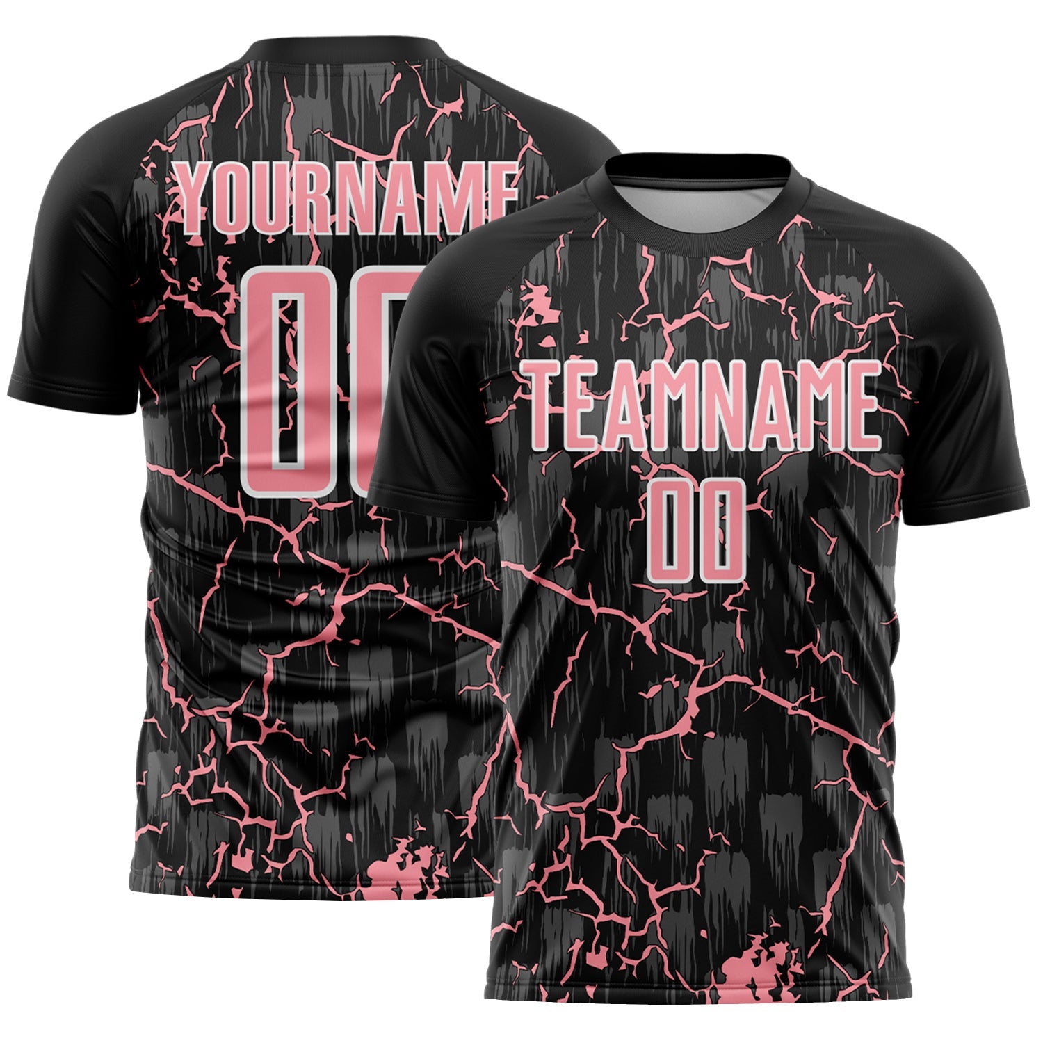 Custom Black Medium Pink-White Lightning Sublimation Soccer Uniform Jersey - Main View