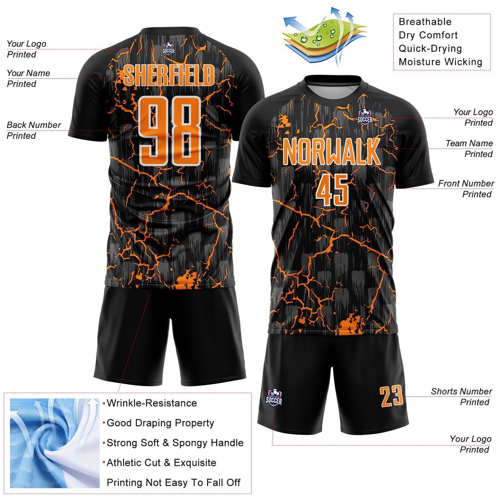 Custom Black Bay Orange-White Lightning Sublimation Soccer Uniform Jersey view 4