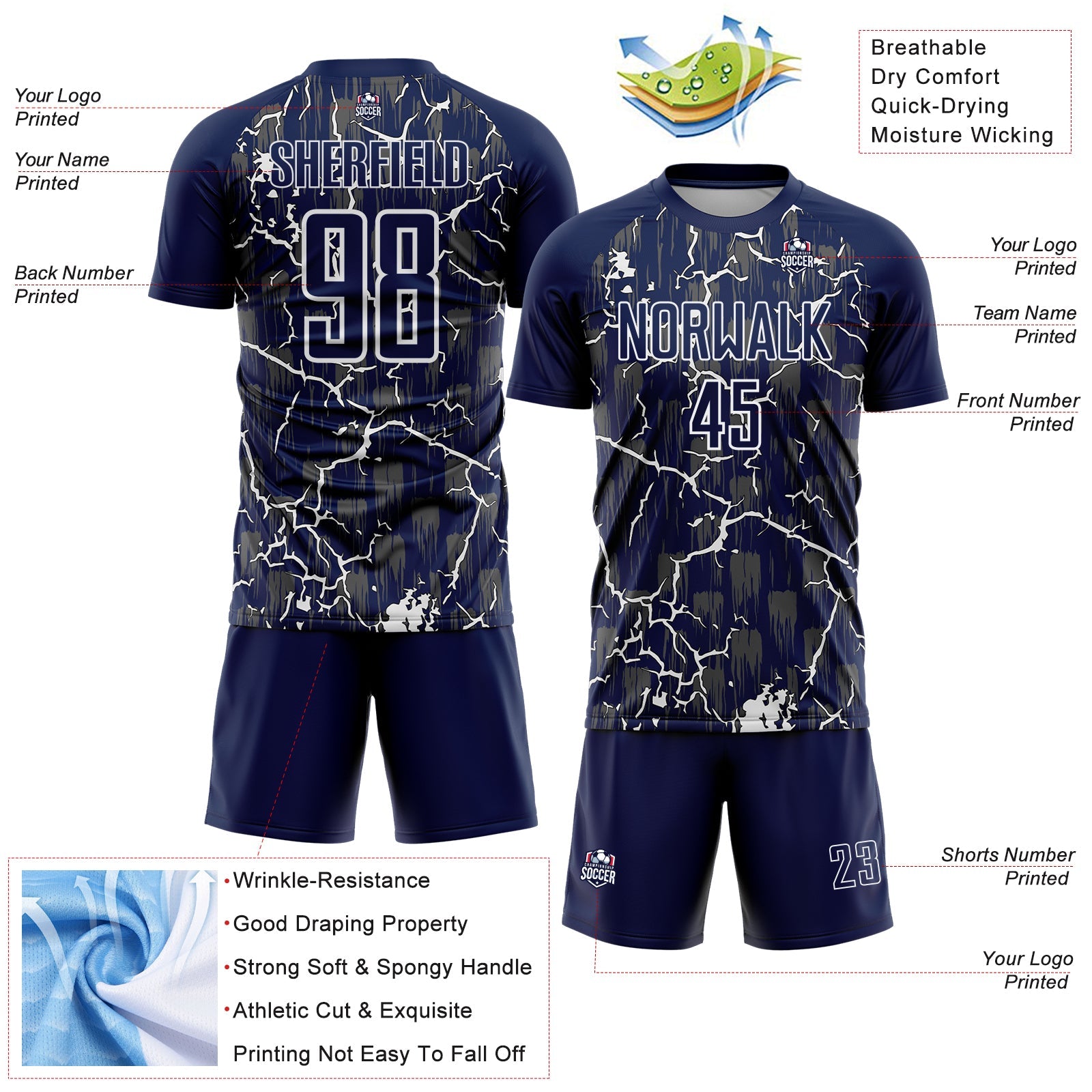 Custom Navy White Lightning Sublimation Soccer Uniform Jersey view 4