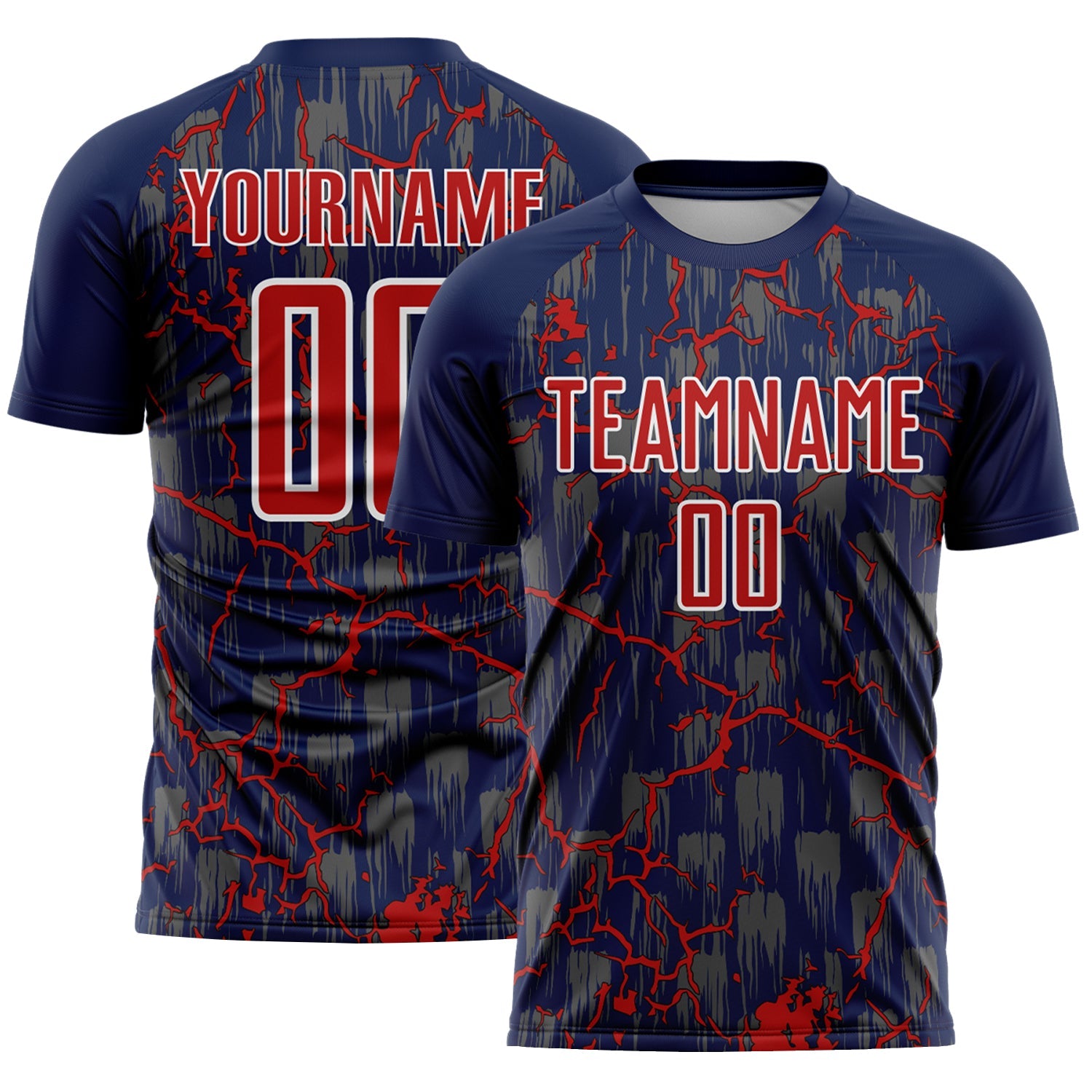 Custom Navy Red-White Lightning Sublimation Soccer Uniform Jersey - Main View