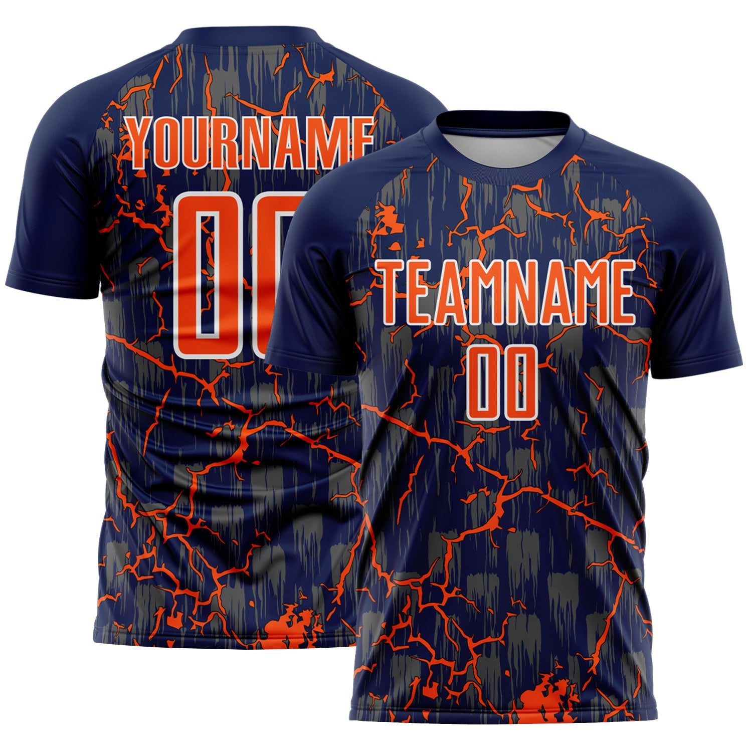 Custom Navy Orange-White Lightning Sublimation Soccer Uniform Jersey - Main View