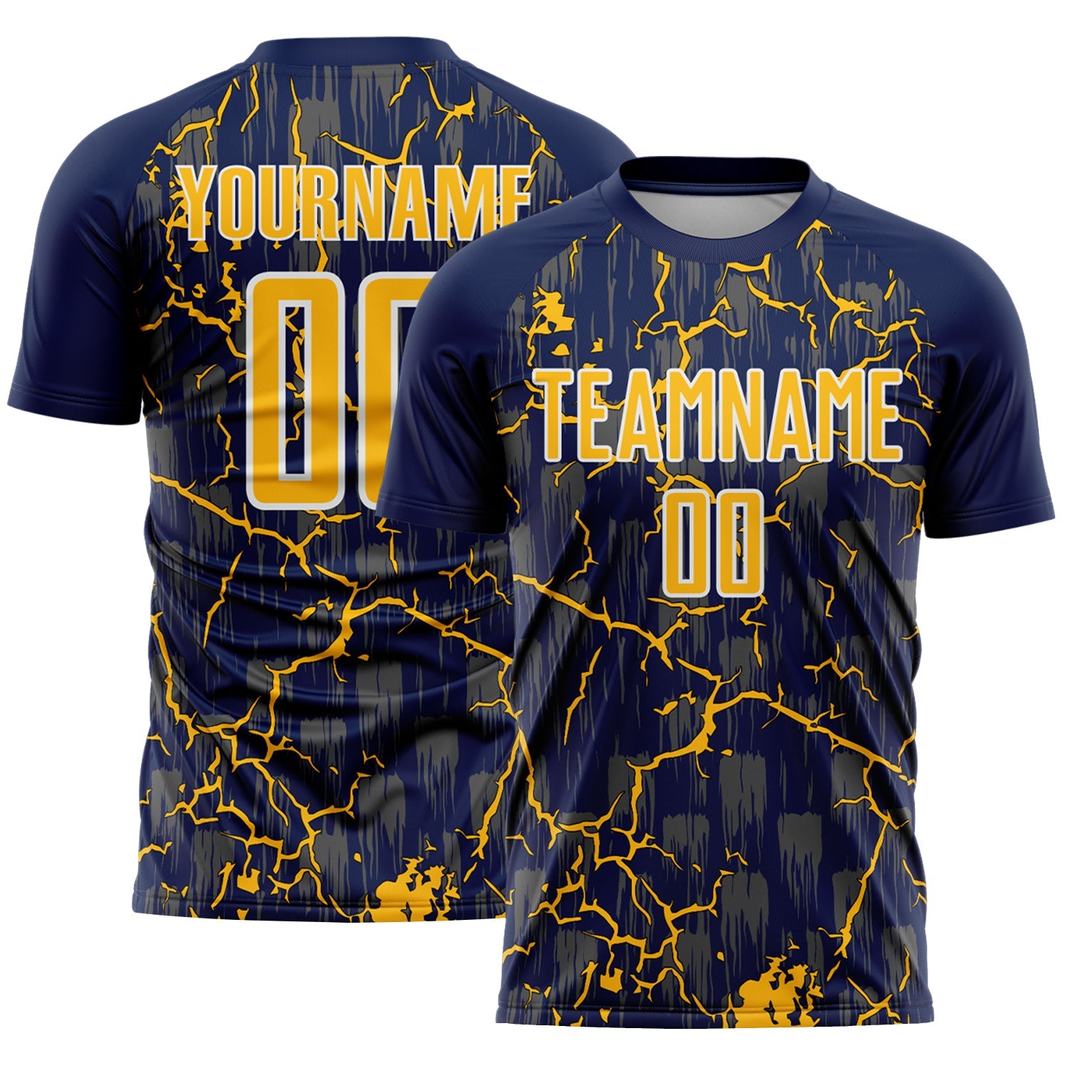 Custom Navy Gold-White Lightning Sublimation Soccer Uniform Jersey - Main View