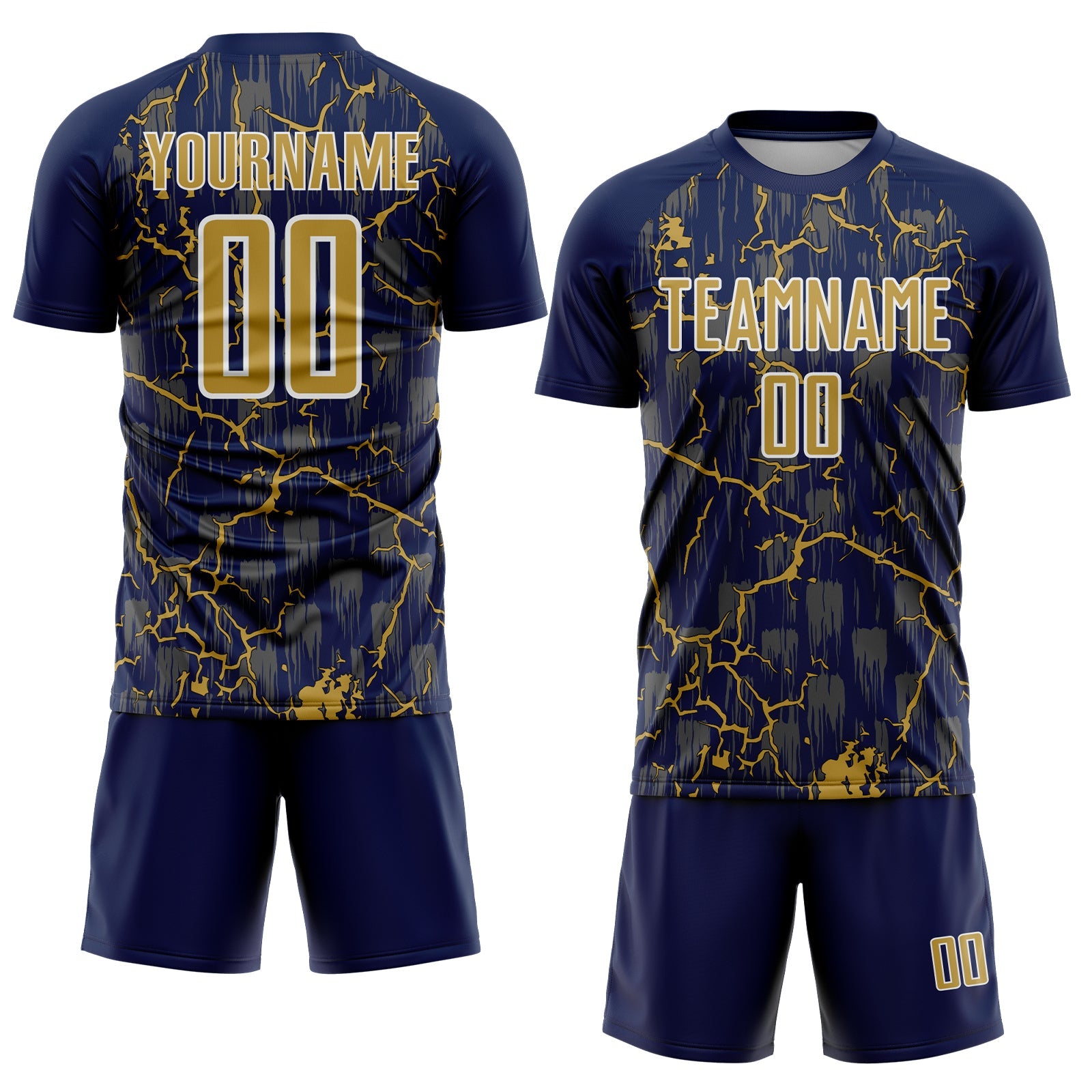 Custom Navy Old Gold-White Lightning Sublimation Soccer Uniform Jersey view 2