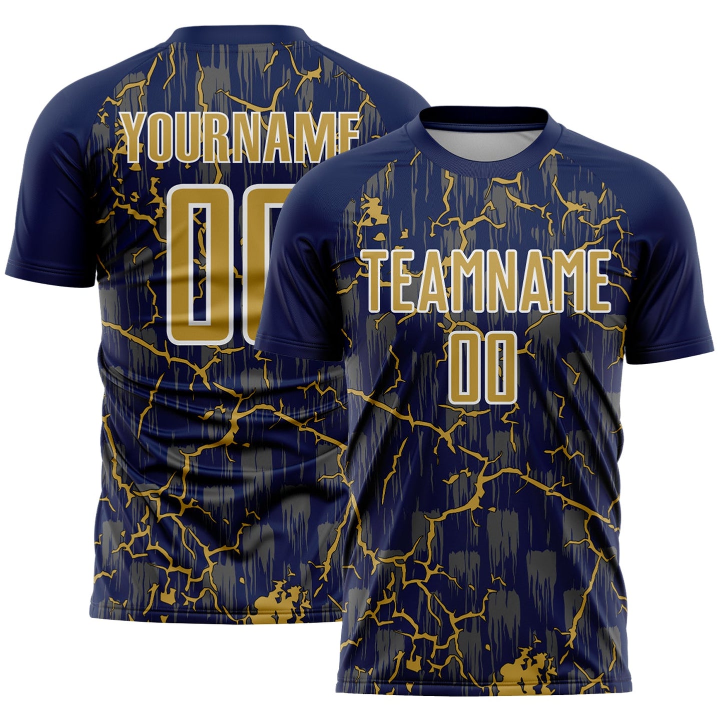 Custom Navy Old Gold-White Lightning Sublimation Soccer Uniform Jersey - Main View