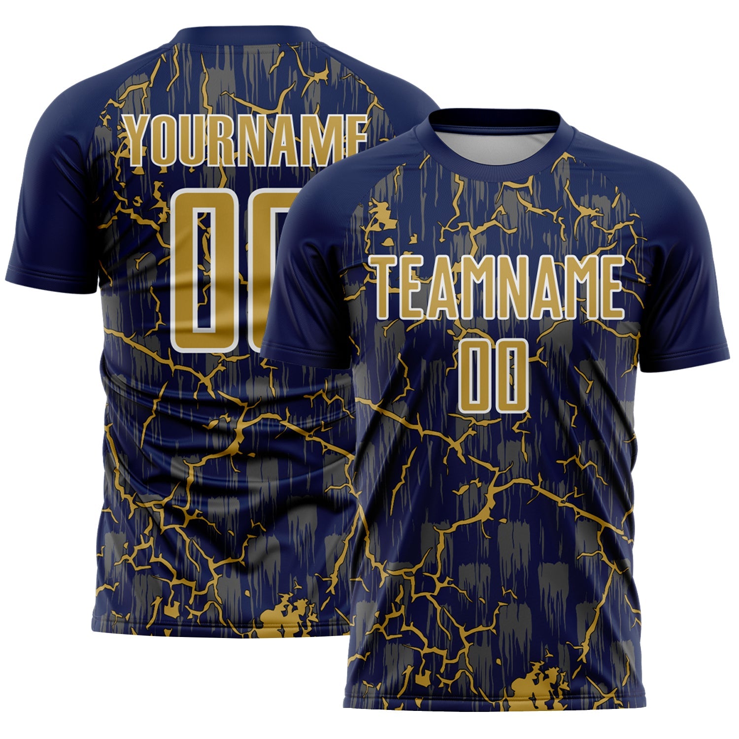 Custom Navy Old Gold-White Lightning Sublimation Soccer Uniform Jersey - Main View
