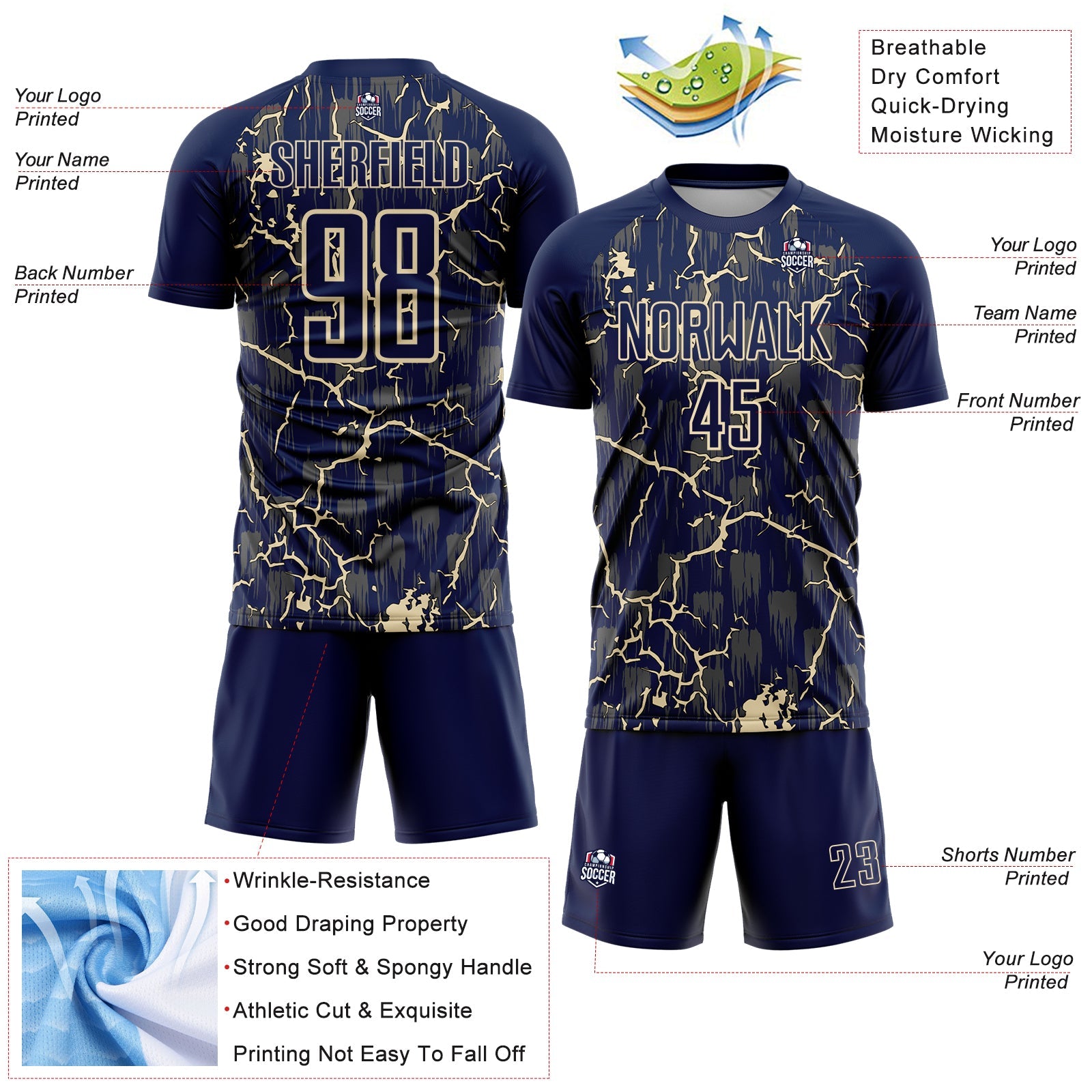 Custom Navy Cream Lightning Sublimation Soccer Uniform Jersey view 4