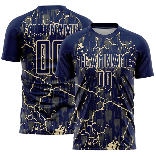 Custom Navy Cream Lightning Sublimation Soccer Uniform Jersey - Main View