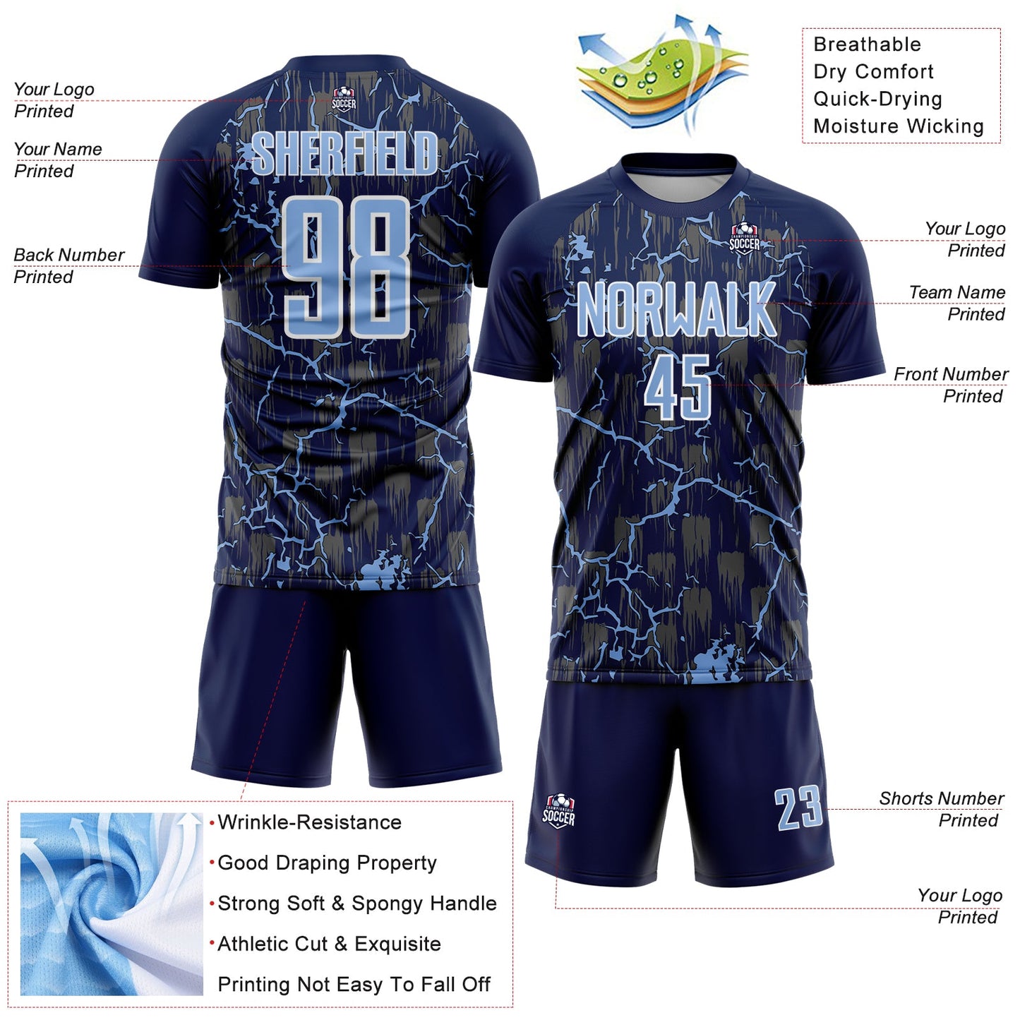 Custom Navy Light Blue-White Lightning Sublimation Soccer Uniform Jersey view 4