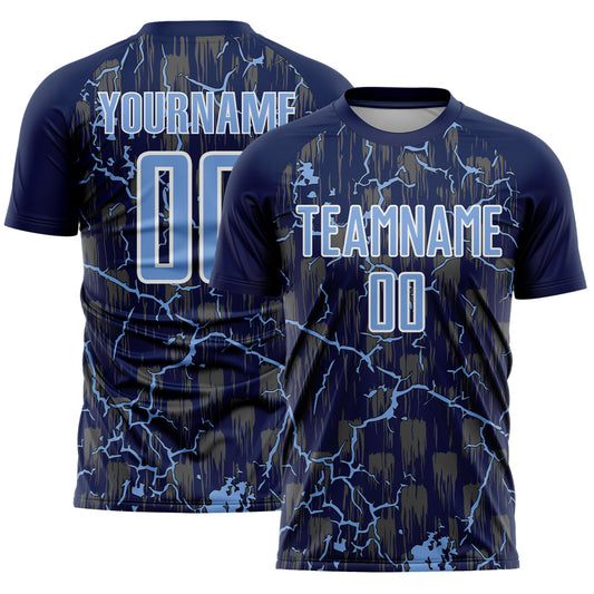 Custom Navy Light Blue-White Lightning Sublimation Soccer Uniform Jersey - Main View