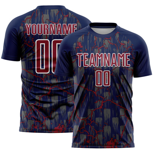 Custom Navy Crimson-White Lightning Sublimation Soccer Uniform Jersey - Main View