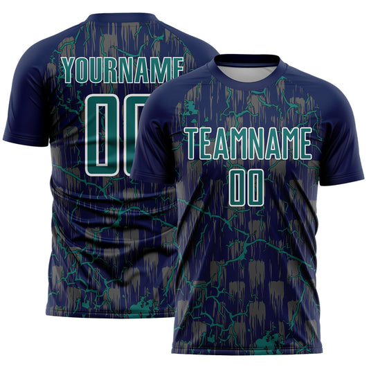 Custom Navy Teal-White Lightning Sublimation Soccer Uniform Jersey - Main View