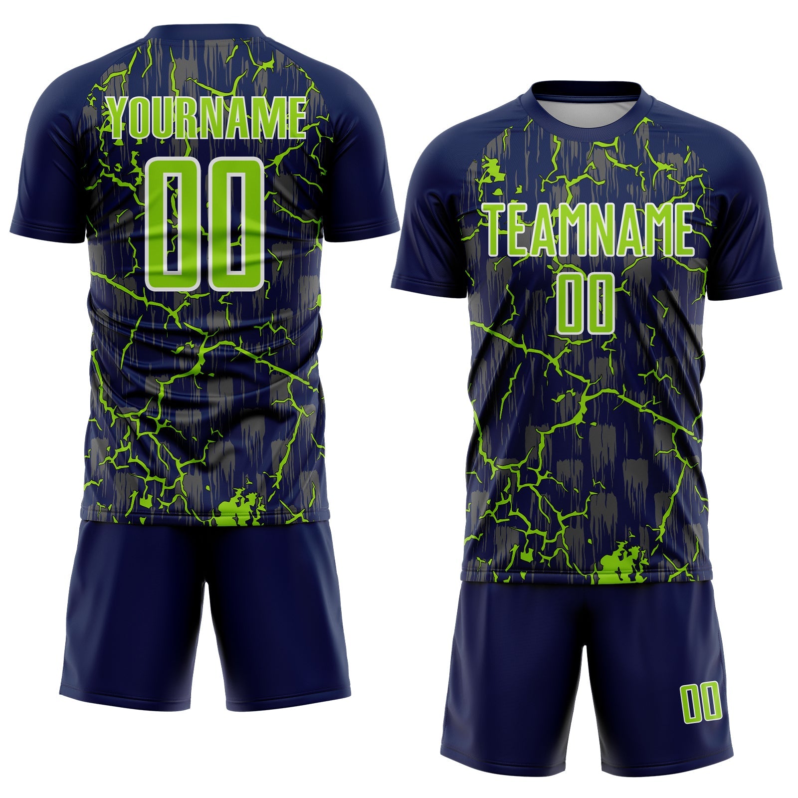Custom Navy Neon Green-White Lightning Sublimation Soccer Uniform Jersey view 2