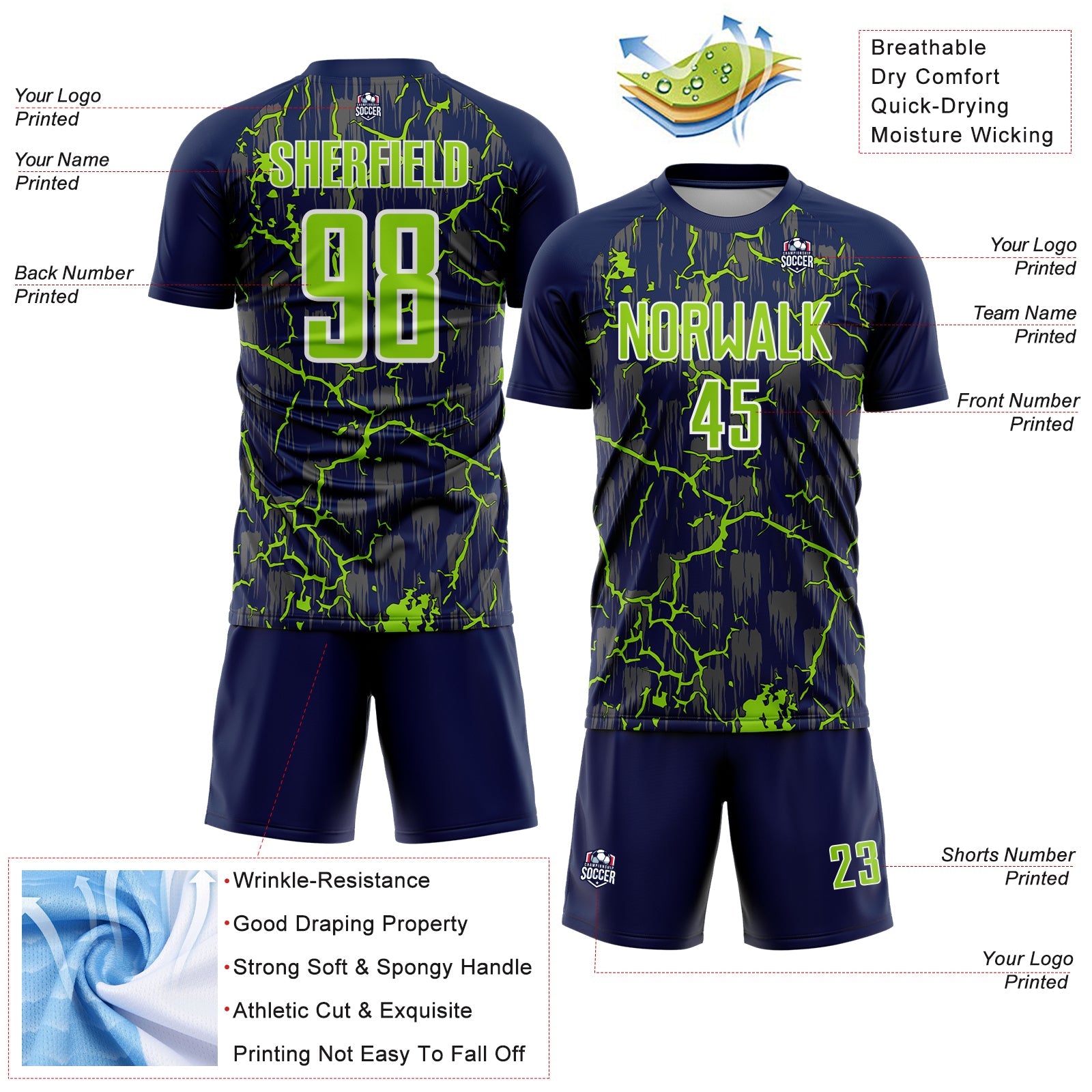 Custom Navy Neon Green-White Lightning Sublimation Soccer Uniform Jersey view 4
