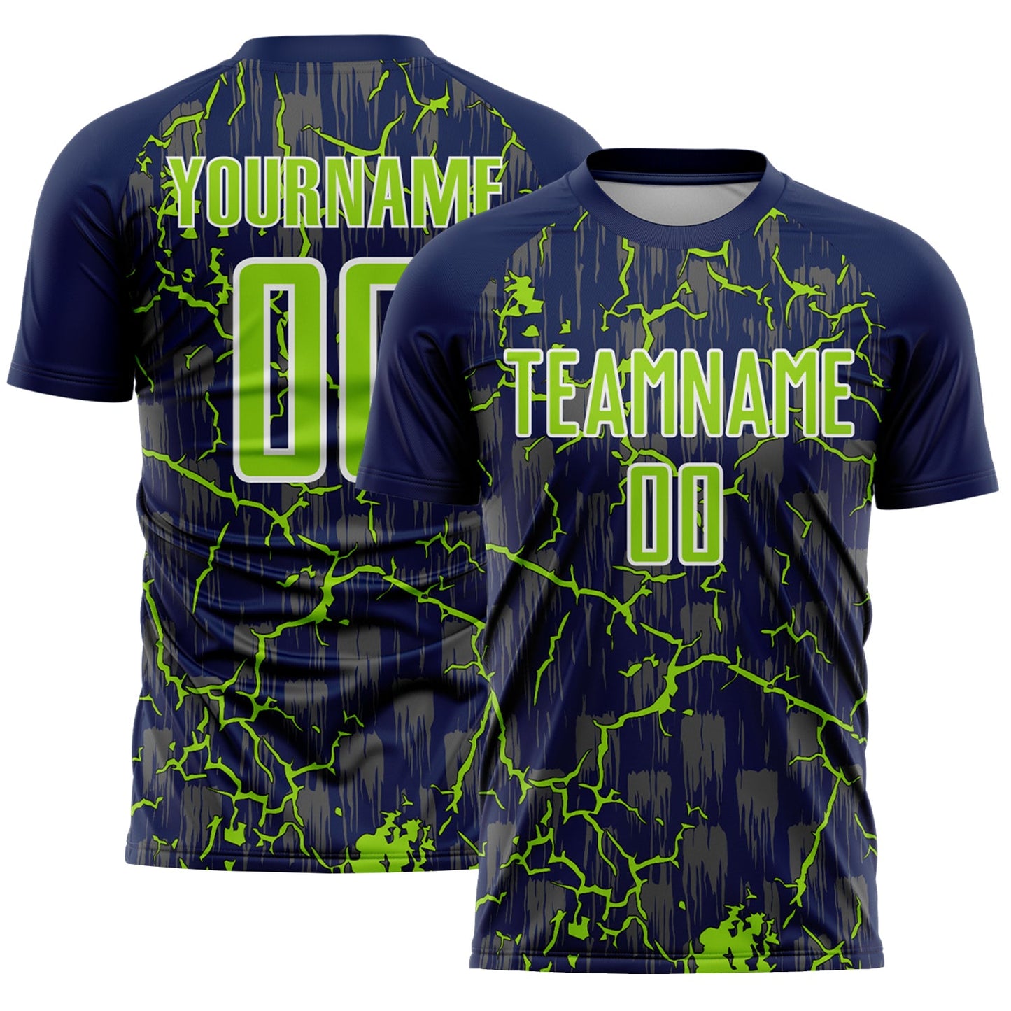 Custom Navy Neon Green-White Lightning Sublimation Soccer Uniform Jersey - Main View