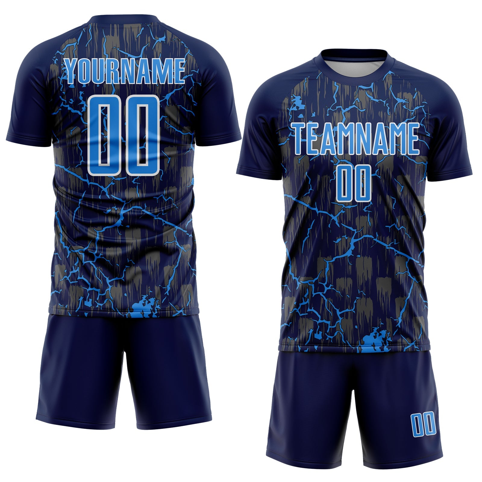 Custom Navy Powder Blue-White Lightning Sublimation Soccer Uniform Jersey view 2