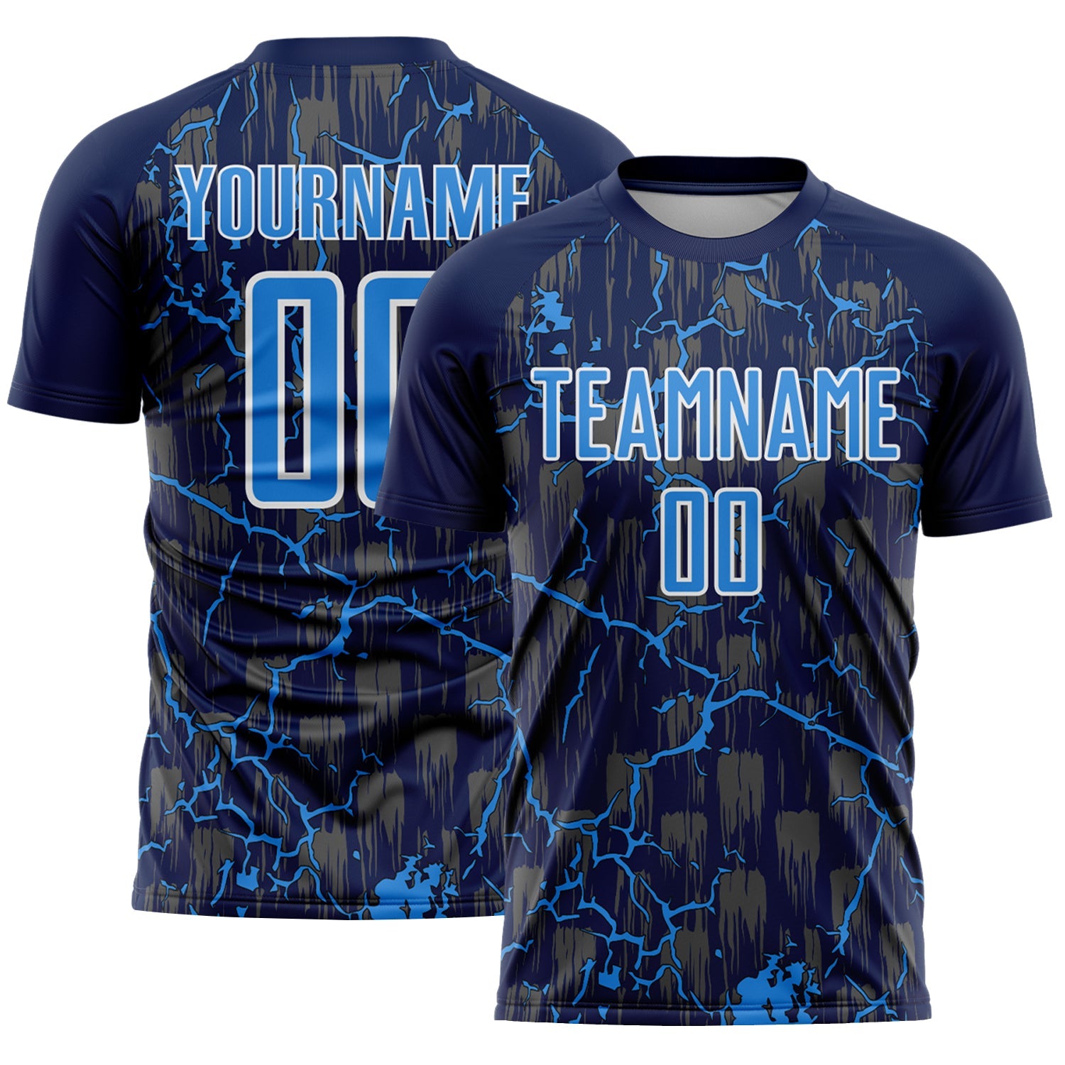 Custom Navy Powder Blue-White Lightning Sublimation Soccer Uniform Jersey - Main View