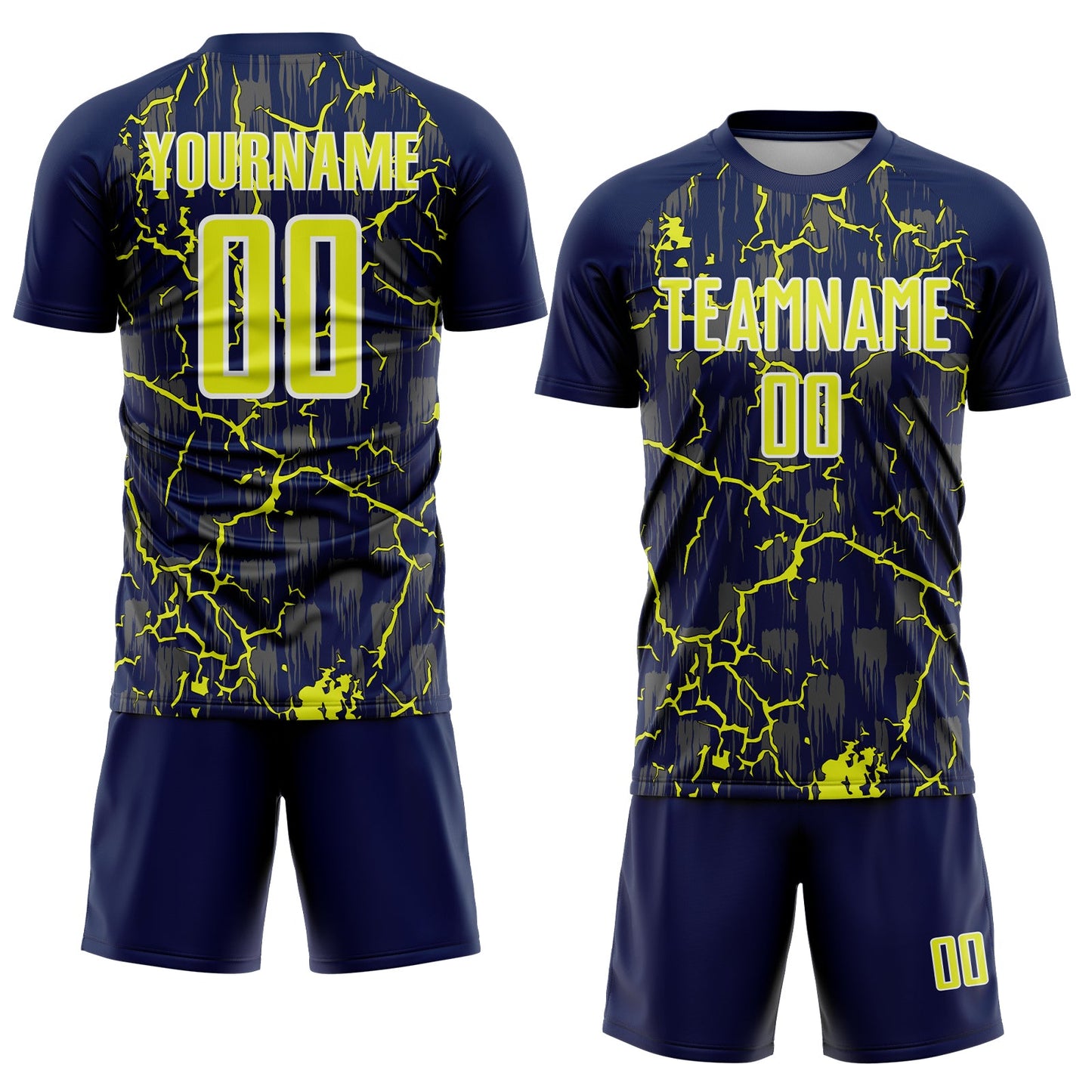 Custom Navy Neon Yellow-White Lightning Sublimation Soccer Uniform Jersey view 2