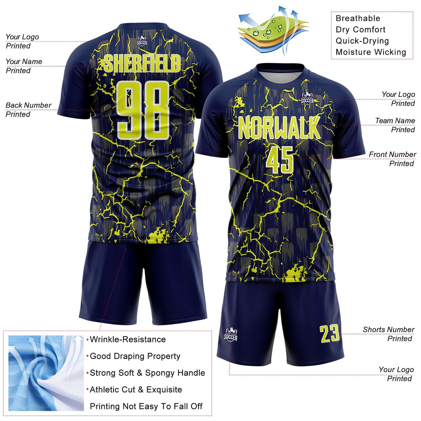 Custom Navy Neon Yellow-White Lightning Sublimation Soccer Uniform Jersey view 4