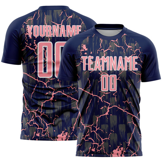 Custom Navy Medium Pink-White Lightning Sublimation Soccer Uniform Jersey - Main View