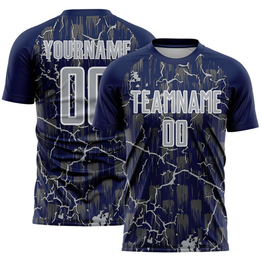 Custom Navy Gray-White Lightning Sublimation Soccer Uniform Jersey - Main View