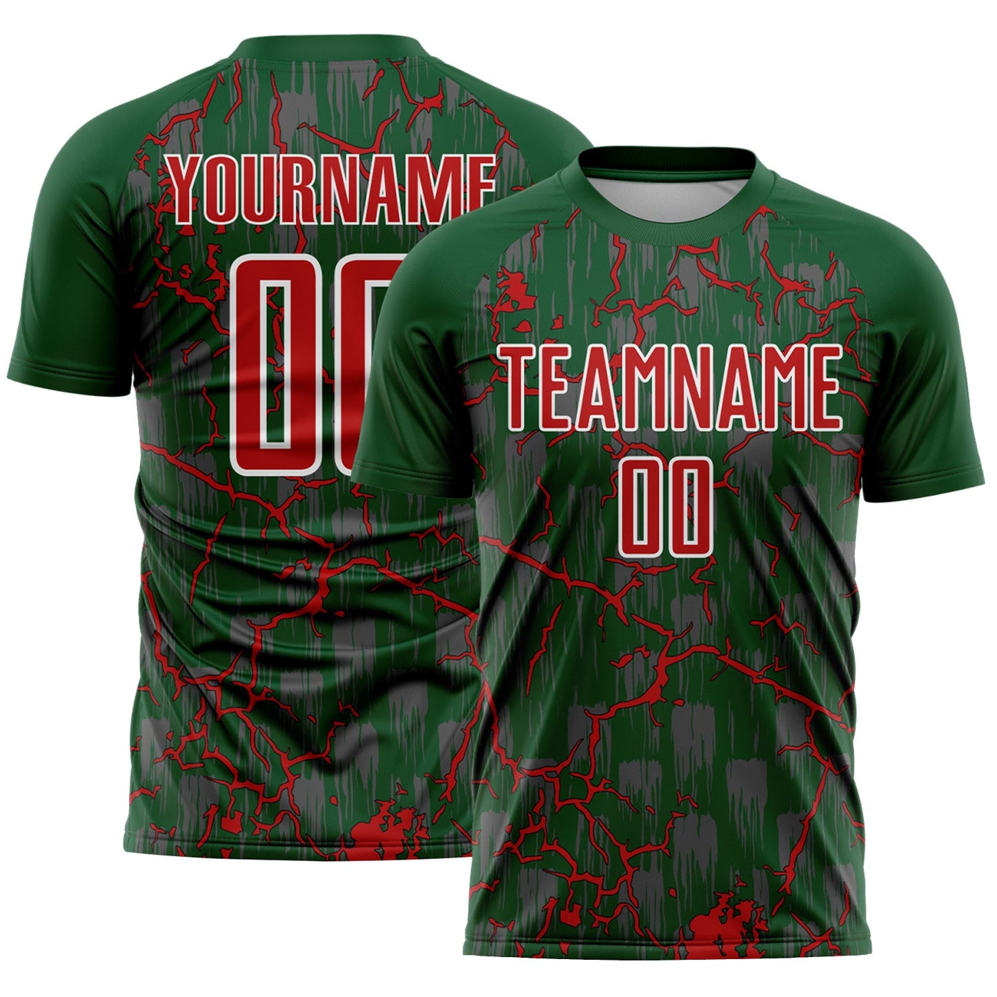 Custom Green Red-White Lightning Sublimation Soccer Uniform Jersey - Main View