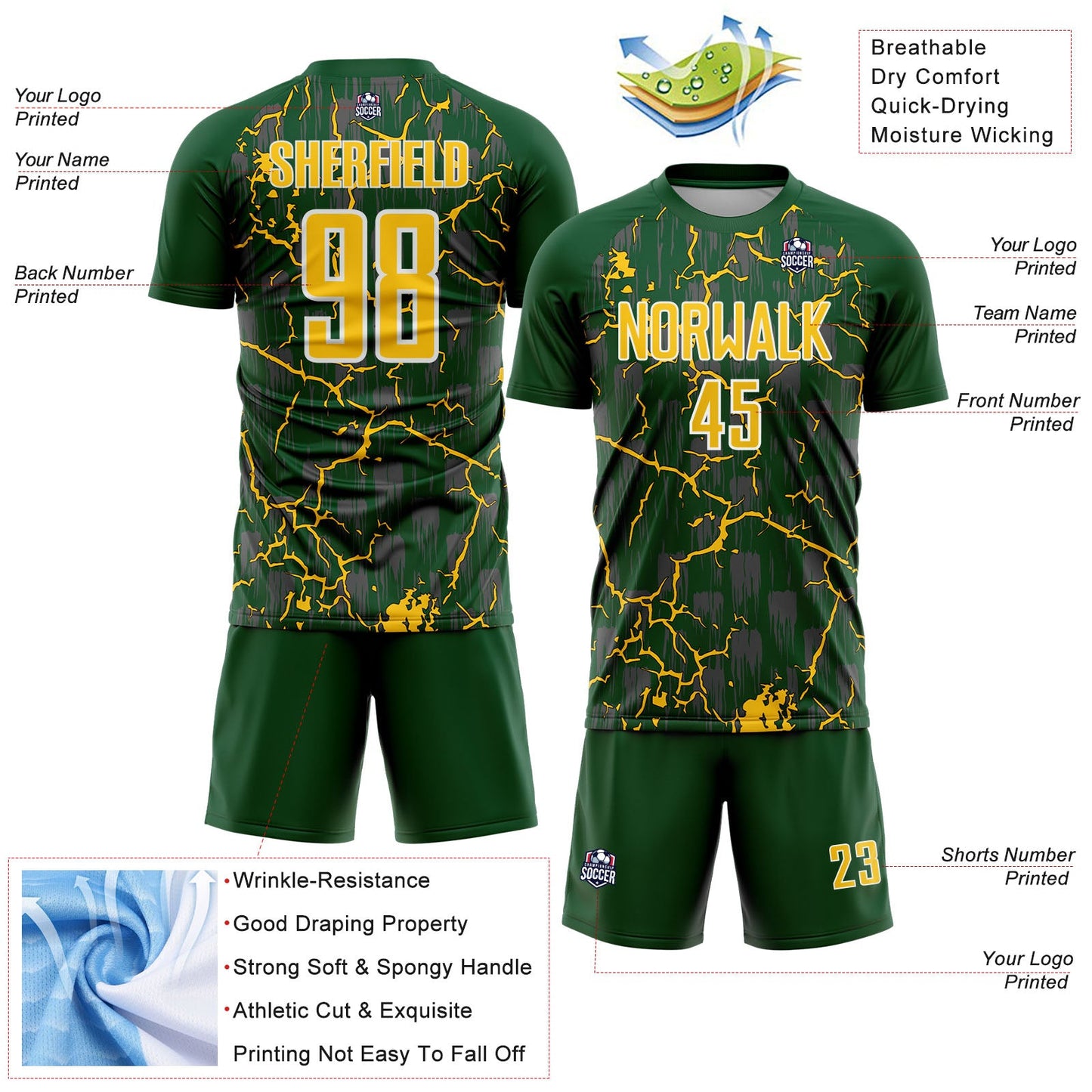 Custom Green Yellow-White Lightning Sublimation Soccer Uniform Jersey view 4