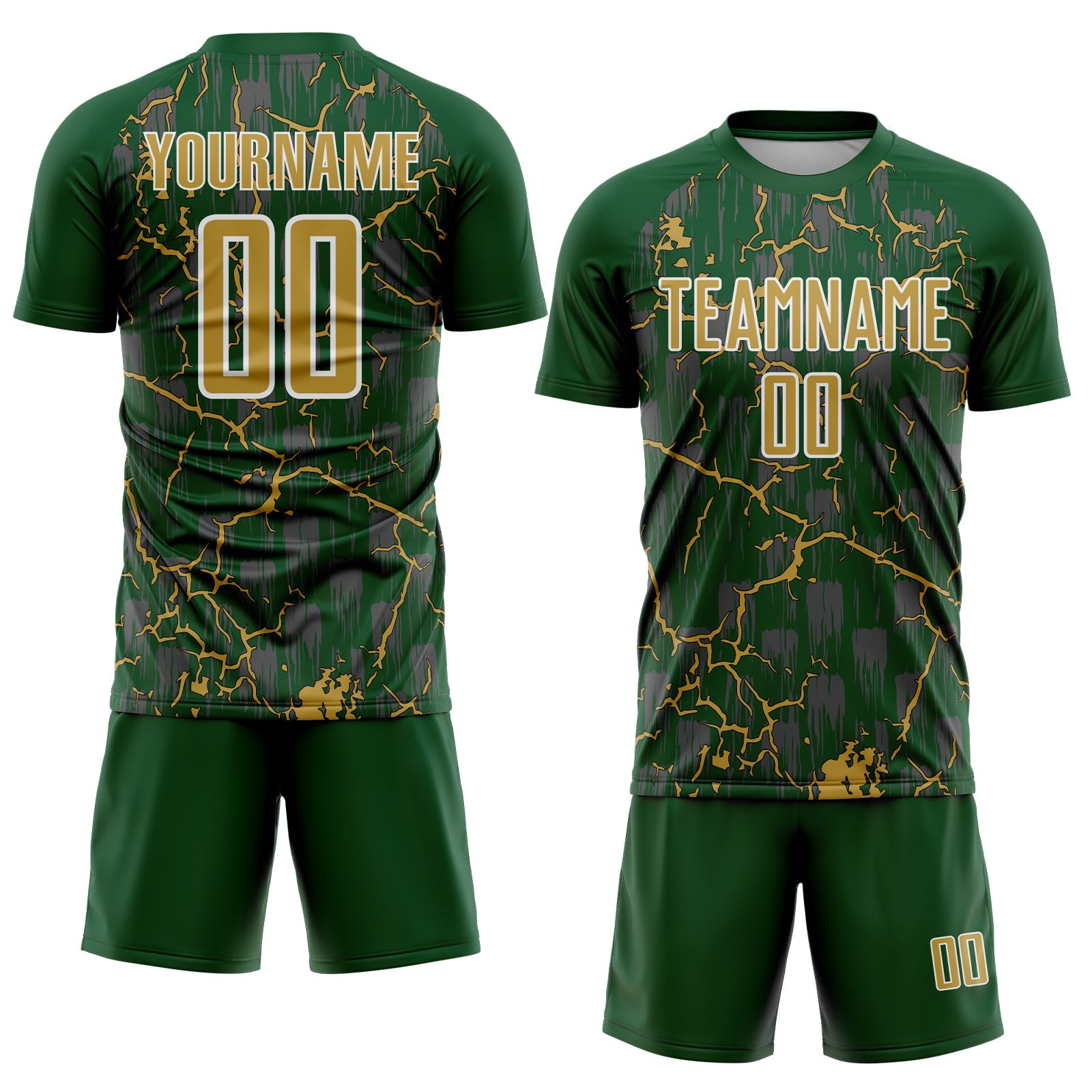 Custom Green Old Gold-White Lightning Sublimation Soccer Uniform Jersey view 2
