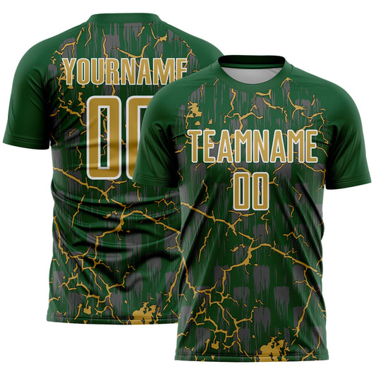 Custom Green Old Gold-White Lightning Sublimation Soccer Uniform Jersey - Main View