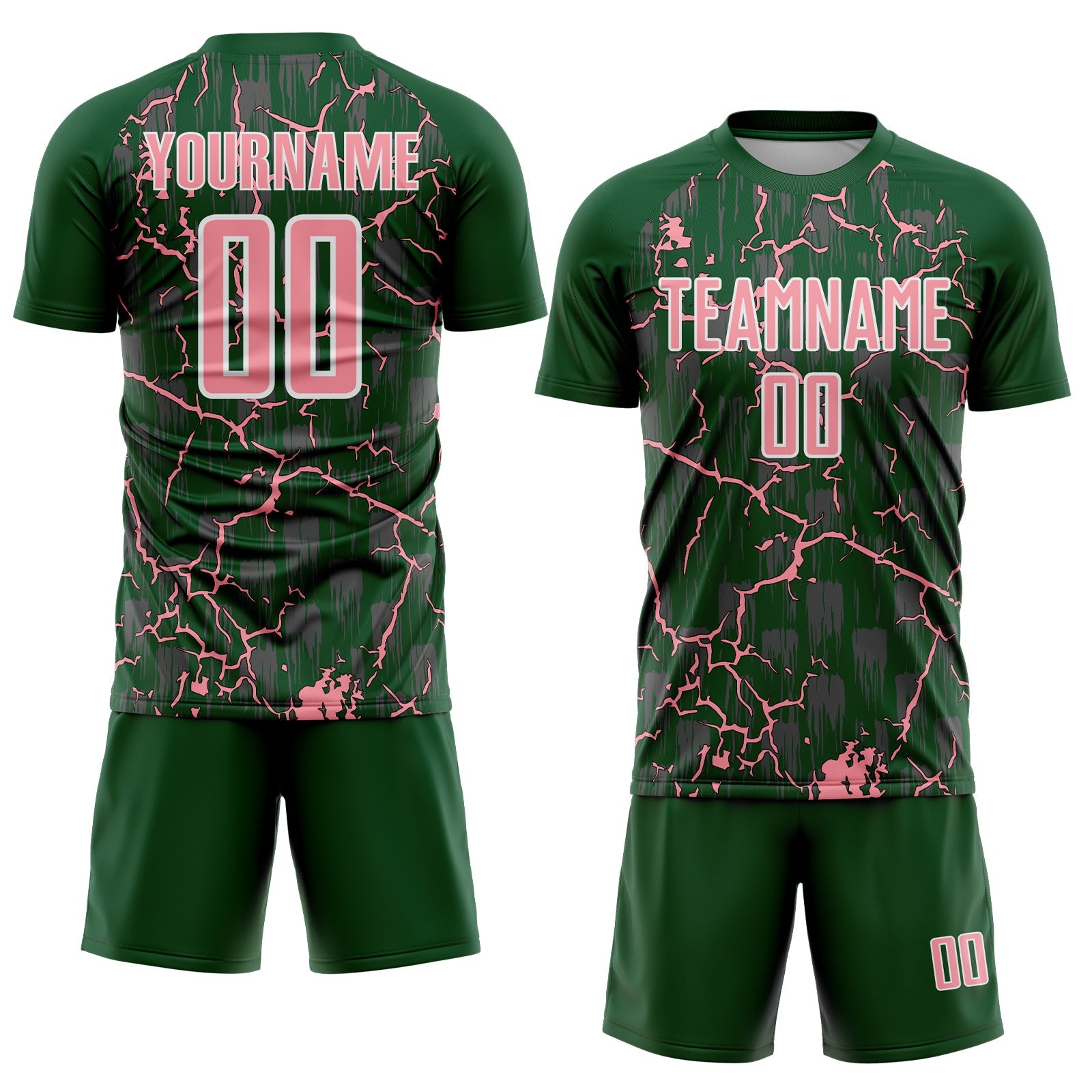 Custom Green Medium Pink-White Lightning Sublimation Soccer Uniform Jersey view 2