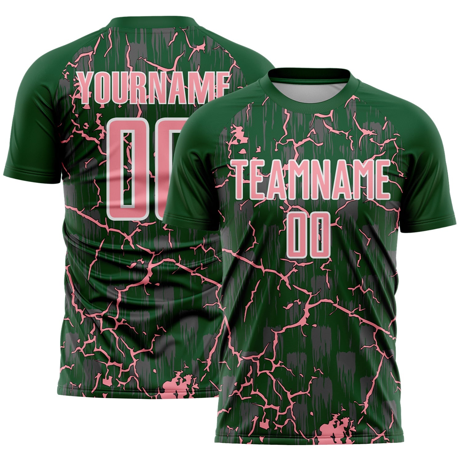 Custom Green Medium Pink-White Lightning Sublimation Soccer Uniform Jersey - Main View