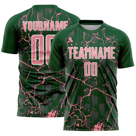 Custom Green Medium Pink-White Lightning Sublimation Soccer Uniform Jersey - Main View