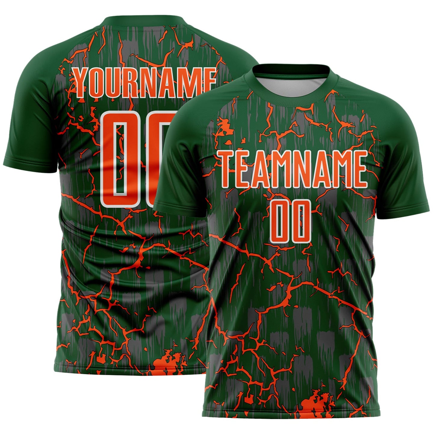 Custom Green Orange-White Lightning Sublimation Soccer Uniform Jersey - Main View