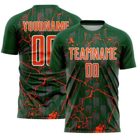 Custom Green Orange-White Lightning Sublimation Soccer Uniform Jersey - Main View