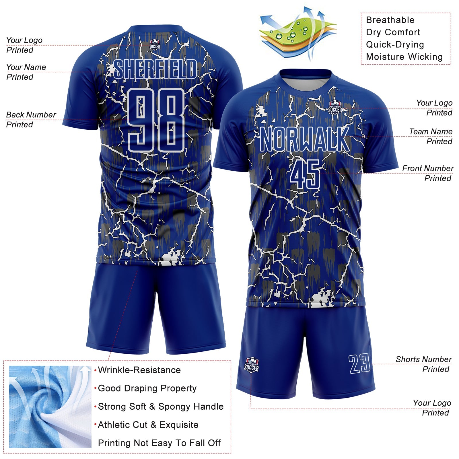 Custom Royal White Lightning Sublimation Soccer Uniform Jersey view 4