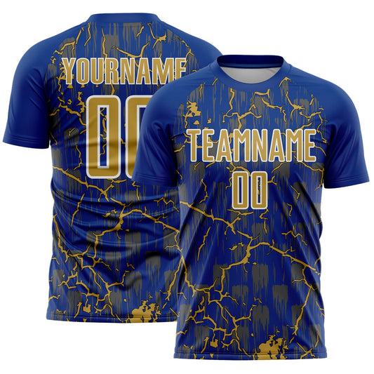 Custom Royal Old Gold-White Lightning Sublimation Soccer Uniform Jersey - Main View
