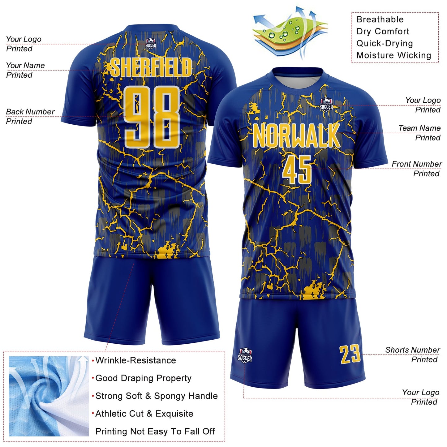 Custom Royal Yellow-White Lightning Sublimation Soccer Uniform Jersey view 4