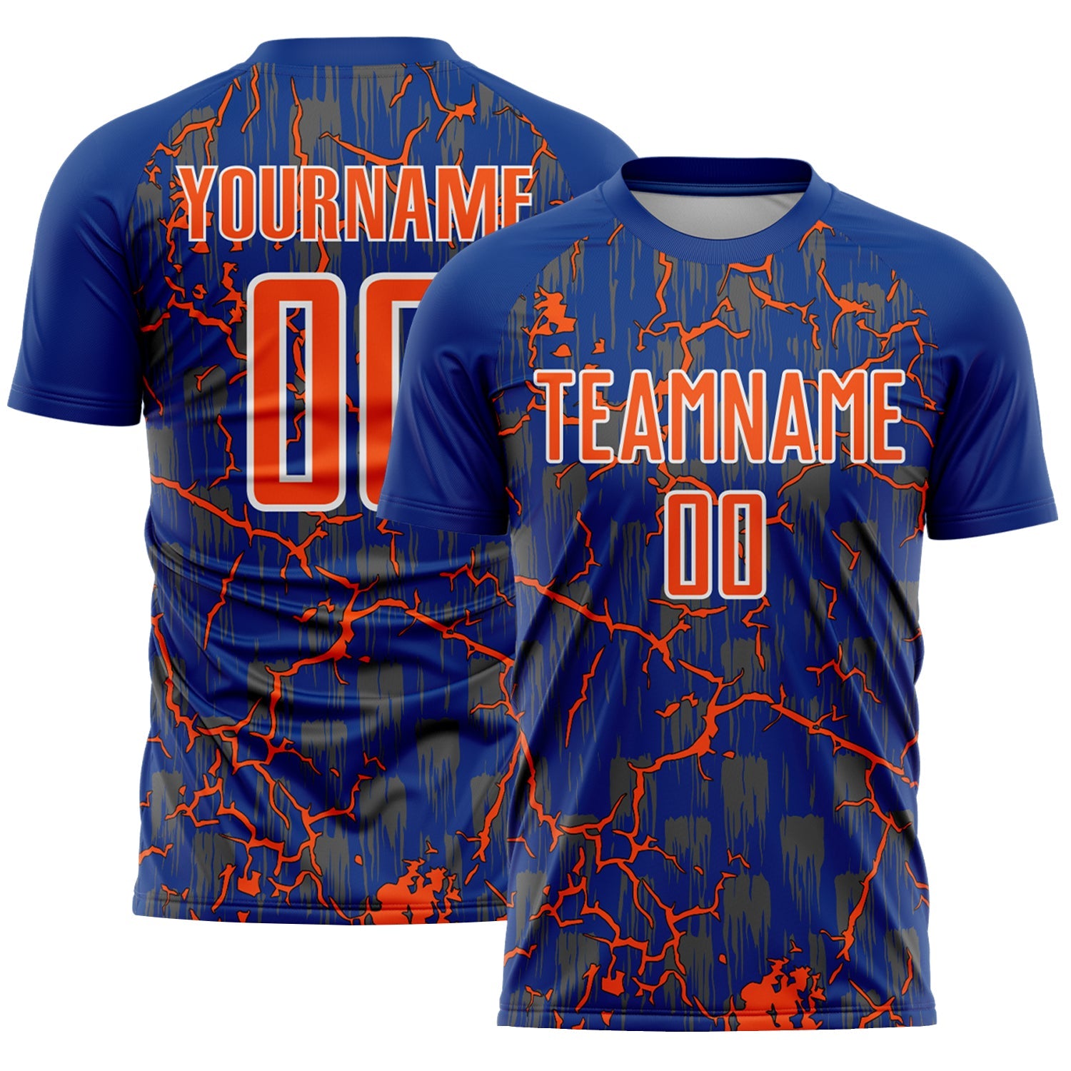 Custom Royal Orange-White Lightning Sublimation Soccer Uniform Jersey - Main View