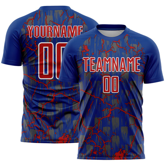 Custom Royal Red-White Lightning Sublimation Soccer Uniform Jersey - Main View