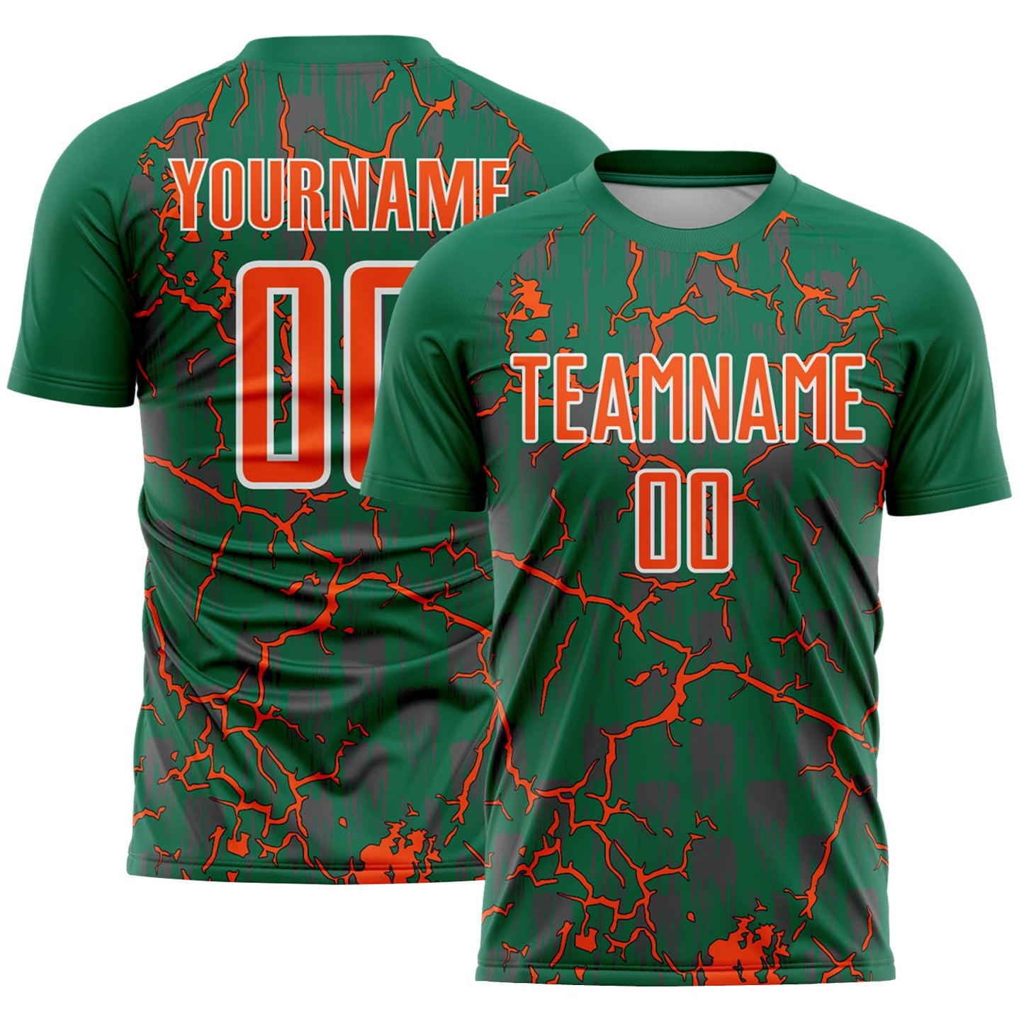 Custom Kelly Green Orange-White Lightning Sublimation Soccer Uniform Jersey - Main View
