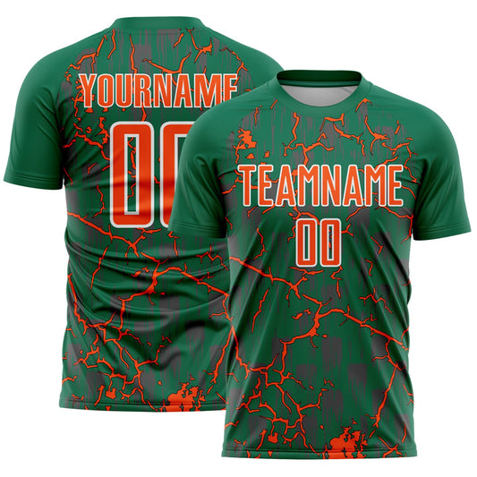 Custom Kelly Green Orange-White Lightning Sublimation Soccer Uniform Jersey - Main View