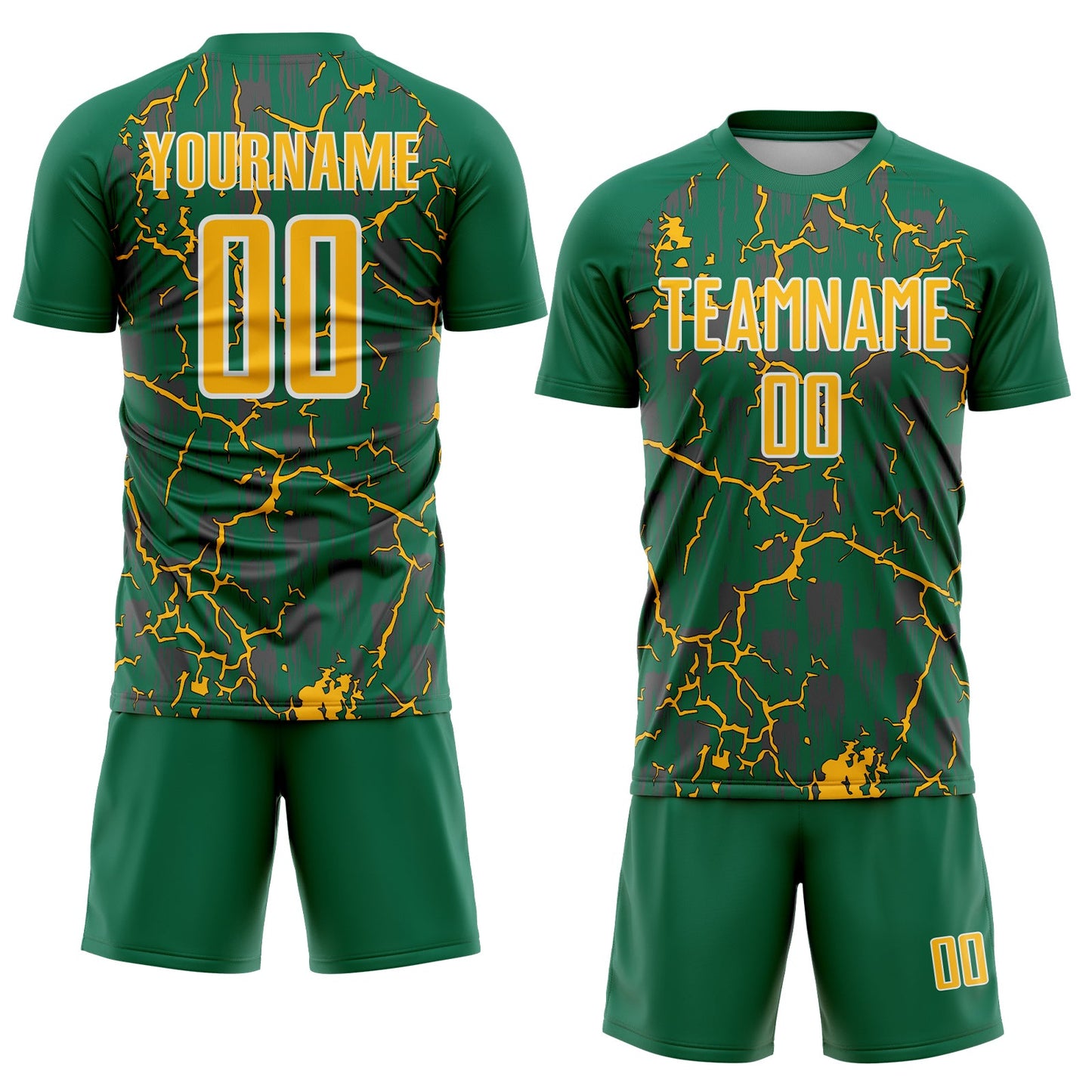 Custom Kelly Green Gold-White Lightning Sublimation Soccer Uniform Jersey view 2