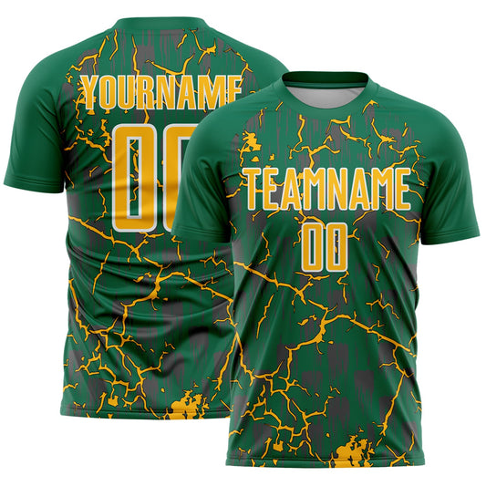 Custom Kelly Green Gold-White Lightning Sublimation Soccer Uniform Jersey - Main View