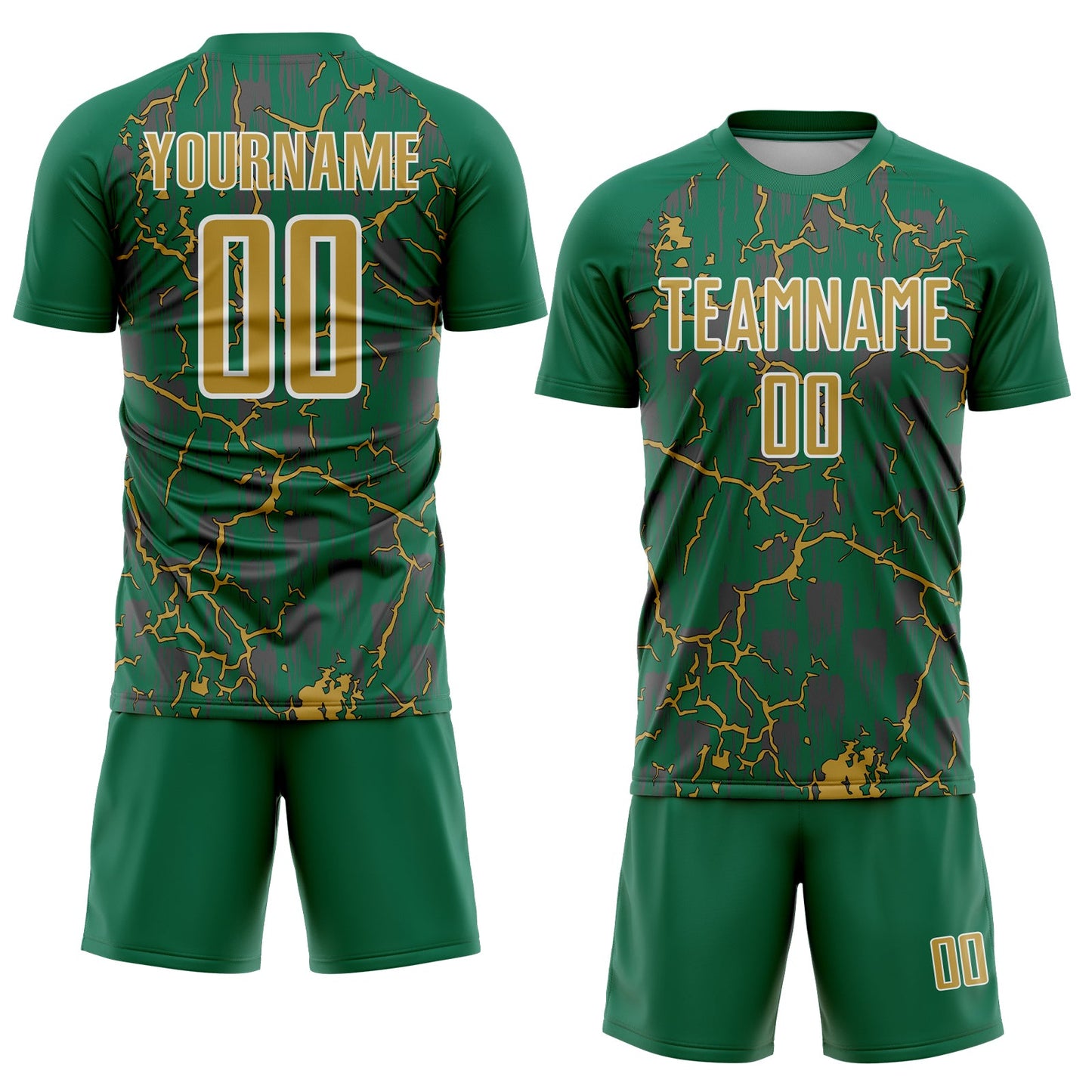 Custom Kelly Green Old Gold-White Lightning Sublimation Soccer Uniform Jersey view 2