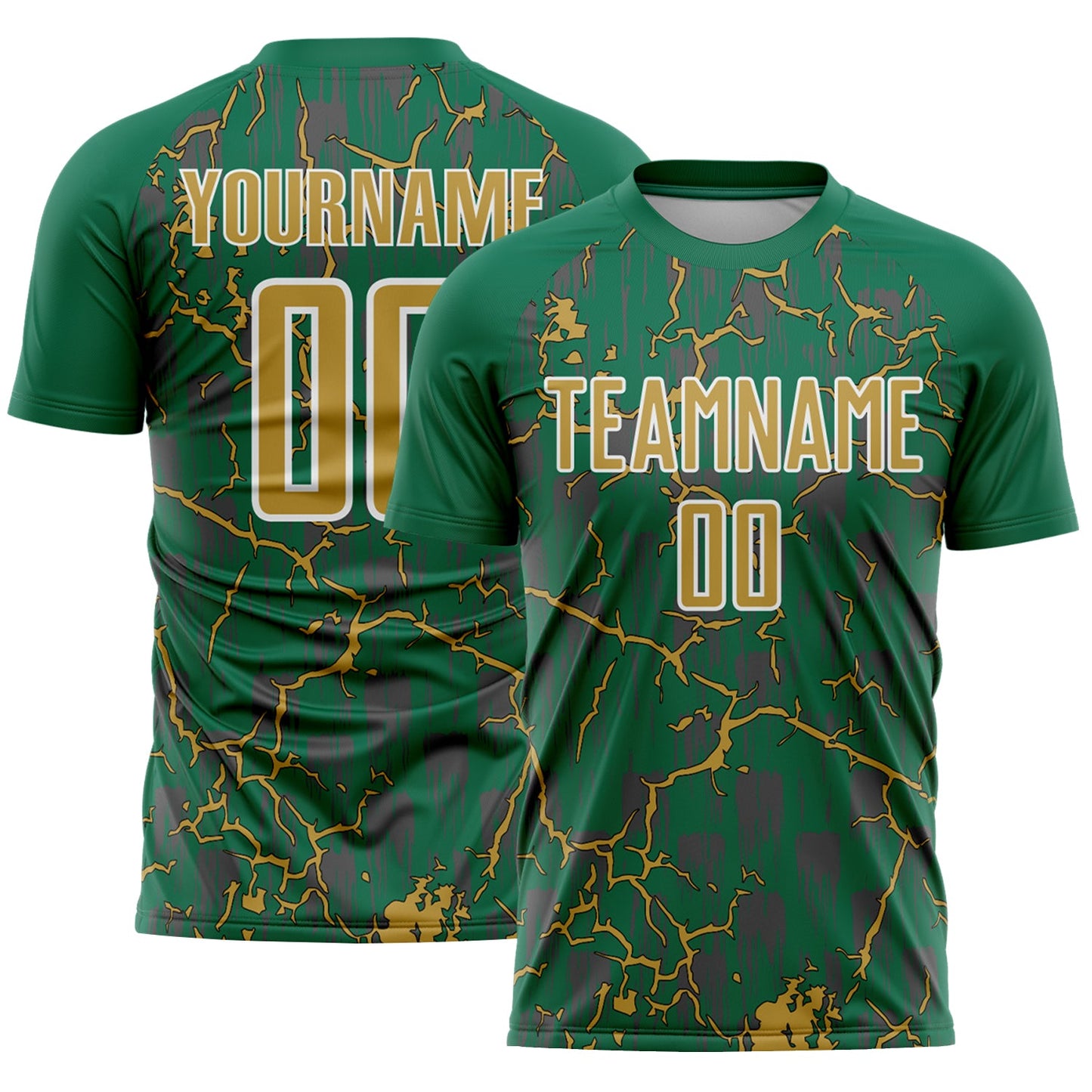Custom Kelly Green Old Gold-White Lightning Sublimation Soccer Uniform Jersey - Main View