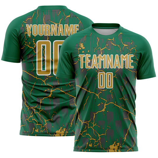 Custom Kelly Green Old Gold-White Lightning Sublimation Soccer Uniform Jersey - Main View