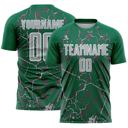 Custom Kelly Green Gray-White Lightning Sublimation Soccer Uniform Jersey - Main View