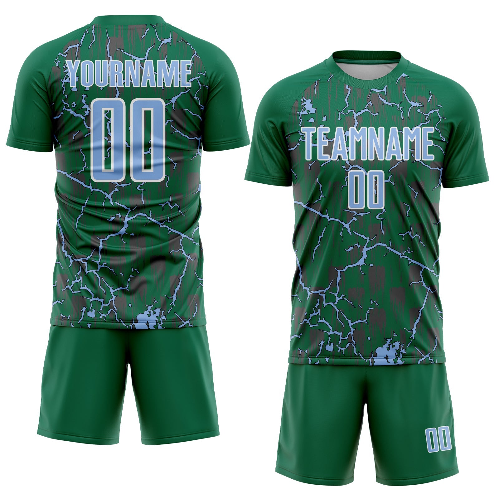 Custom Kelly Green Light Blue-White Lightning Sublimation Soccer Uniform Jersey view 2