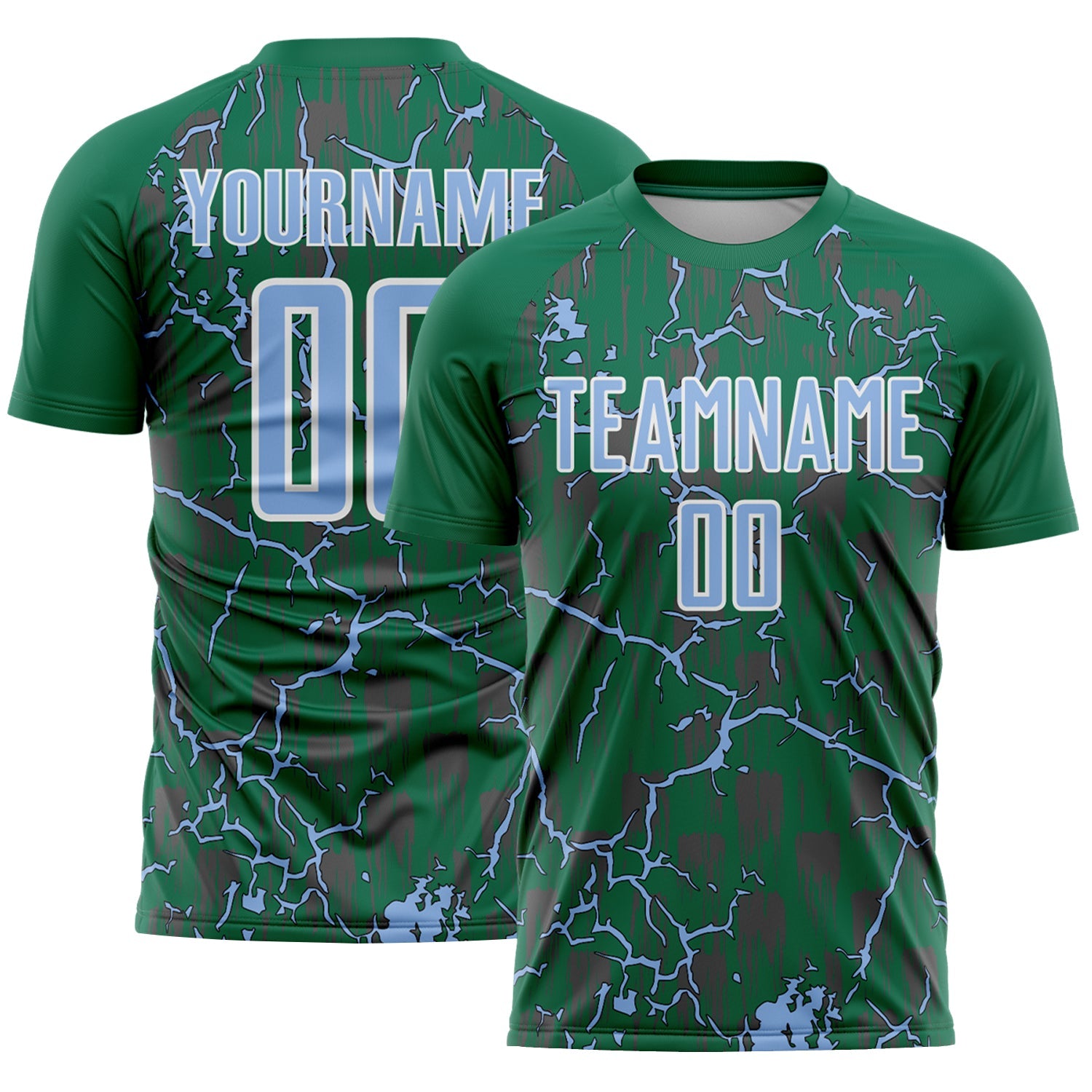 Custom Kelly Green Light Blue-White Lightning Sublimation Soccer Uniform Jersey - Main View