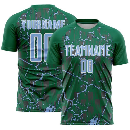 Custom Kelly Green Light Blue-White Lightning Sublimation Soccer Uniform Jersey - Main View